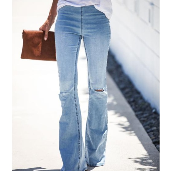 S. the Widow Denim - GINGER  Light Wash Distressed Bell Bottom Jeans